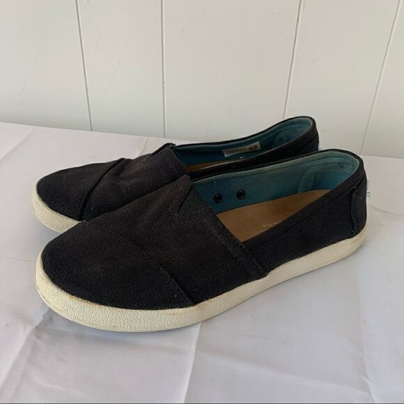 Black Slip On Sneakers Toms Avalon Shoes Low Canvas Loafers Sz 7 - Picture 2 of 10